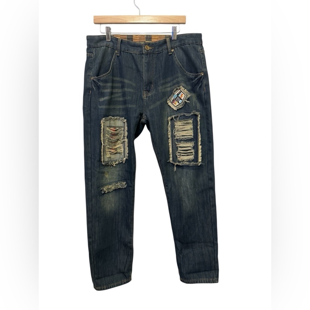 Men’s Distressed Patchwork Jeans Size 36 | Ripped Denim | Streetwear
